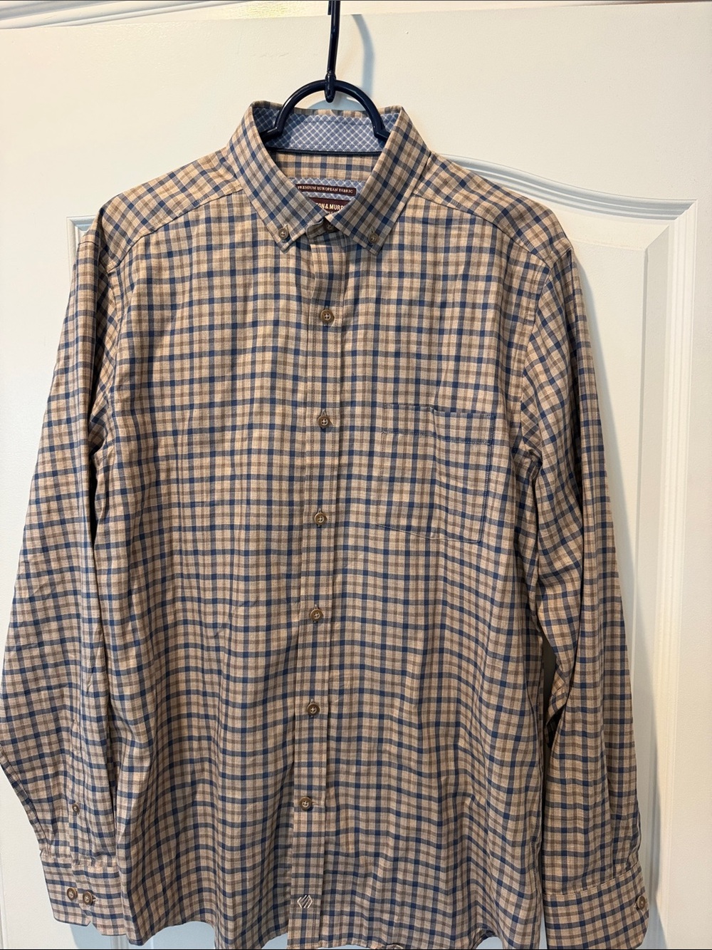 New Johnston & Murphy Men's Button-Down Plaid Shirt in Beige and Blue